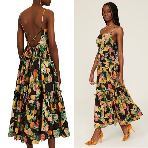 CARA CARA Fruit Print Square Neck Sleeveless Open Back Ruffle Tier Midi Dress L - Picture 3 of 15